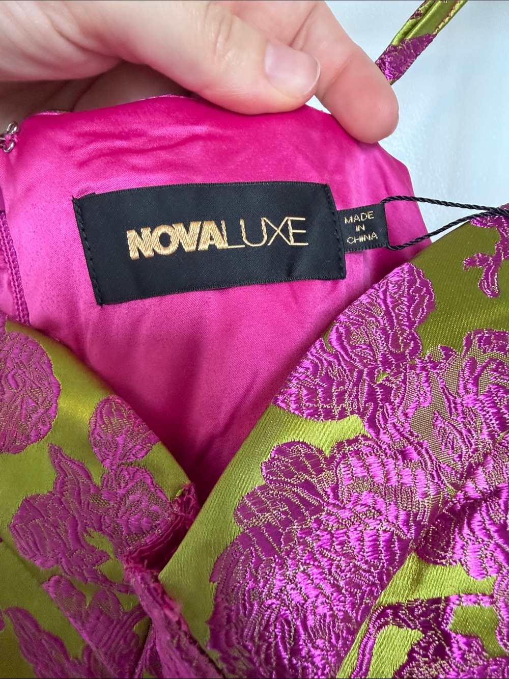 NWT Fashion Nova Lux Pink & Lime Floral Brocade Bustier Midi Dress - Picture 5 of 11